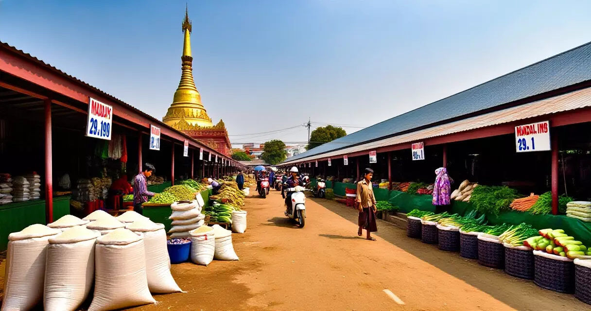 မန္တလေး ဈေးကွက်တွင် ဆန်အိတ်များနှင့် ဈေးနှုန်းဆိုင်းဘုတ်များ