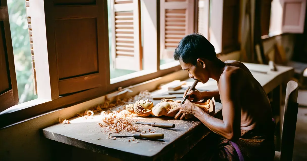မန္တလေးမြို့ ရိုးရာလက်မှုလုပ်ငန်း &mdash; ကျောင်ဆရာ သစ်သားထုလုပ်နေပုံ