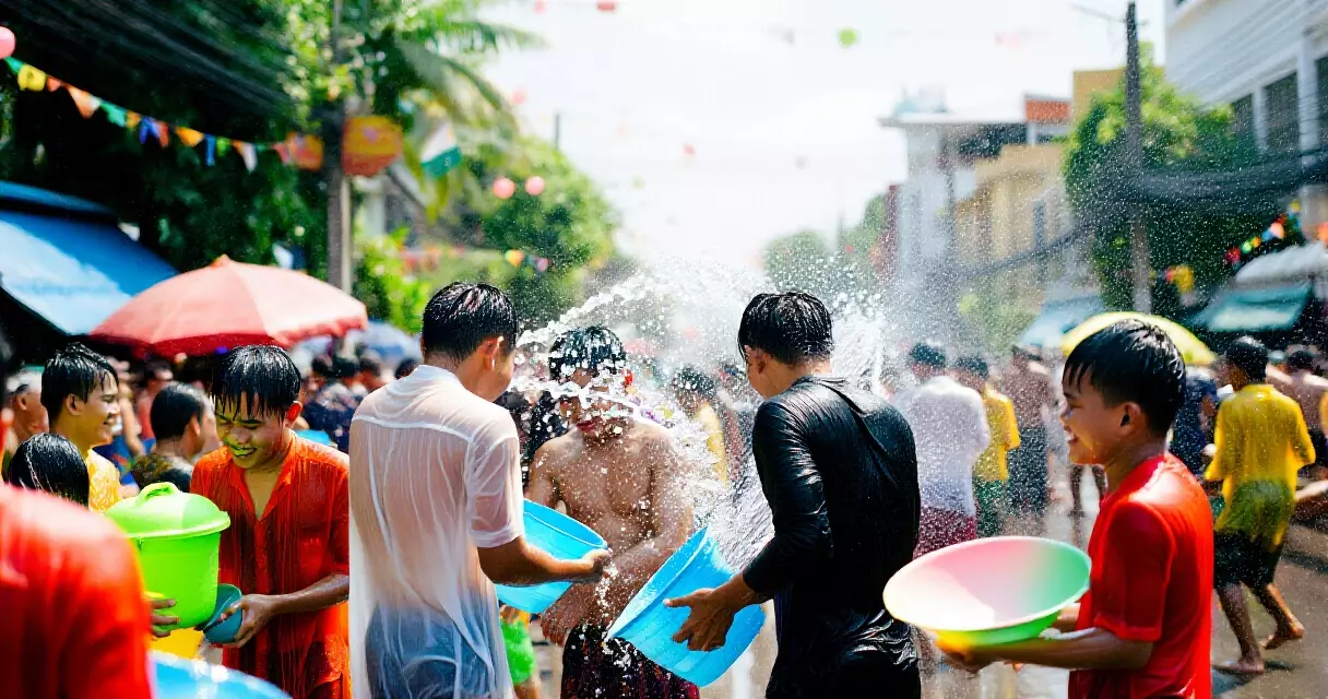 မန္တလေး လမ်းမပေါ်တွင် သင်္ကြန် ရေပက်ပွဲ စည်ကားနေပုံ