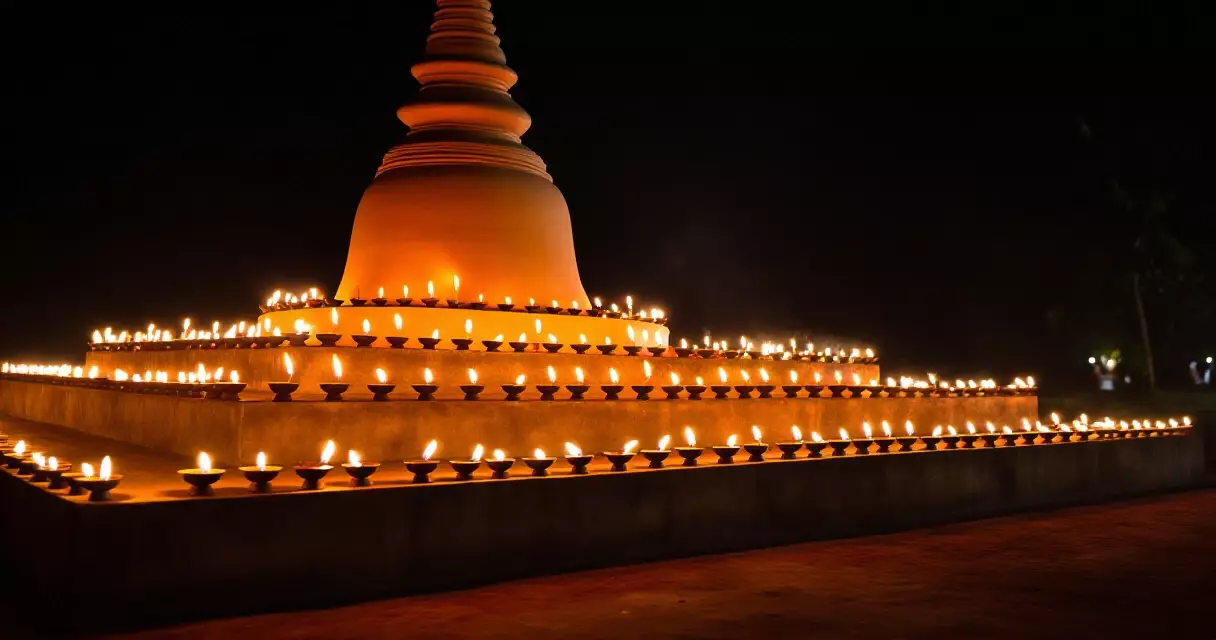 သီတင်းကျွတ် မီးထွန်းပွဲတွင် ဆီမီးခွက်များ စီတန်းထွန်းညှိထားပုံ