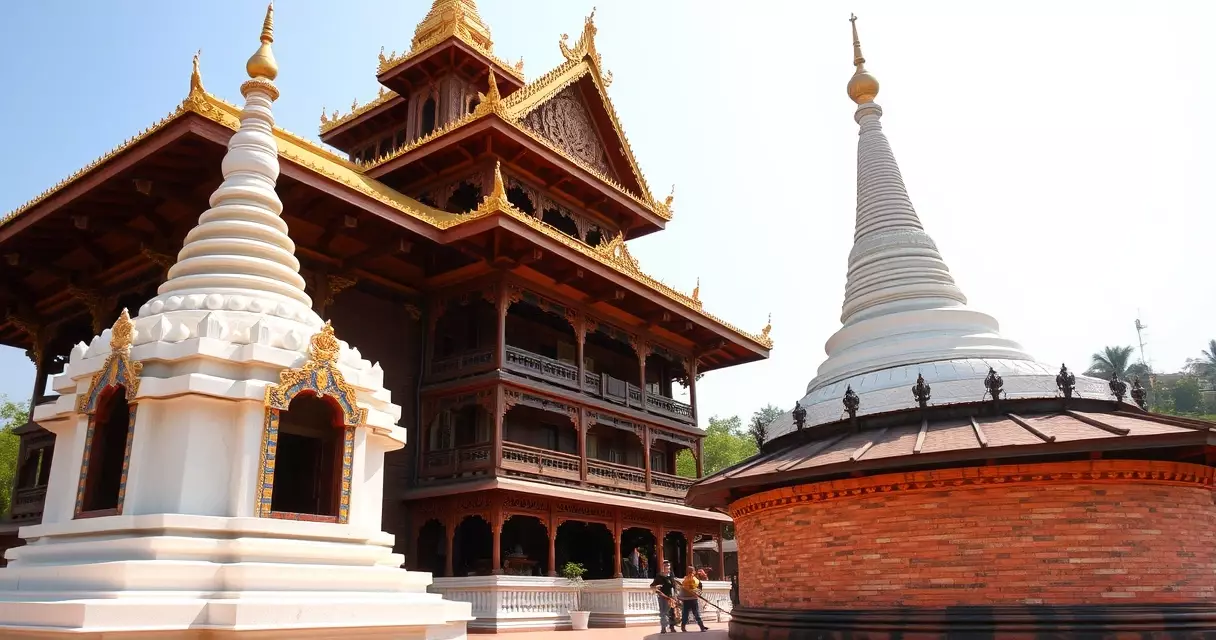 မန္တလေးရှိ ကျွန်းသစ်ကျောင်းနှင့် အုတ်စေတီ ဘေးချင်းယှဉ်နေသည့် မြင်ကွင်း
