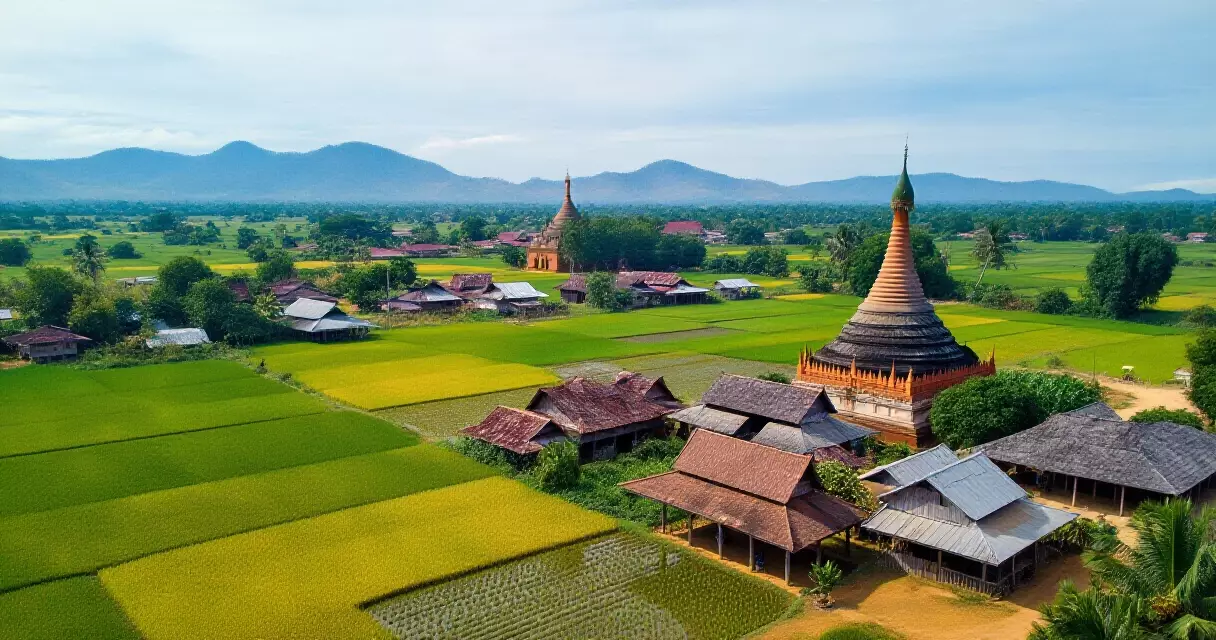 မန္တလေးတိုင်း ကျေးလက်မြို့နယ်တစ်ခု၏ မြင်ကွင်း &mdash; လယ်ကွင်းများနှင့် ဘုရားတော်
