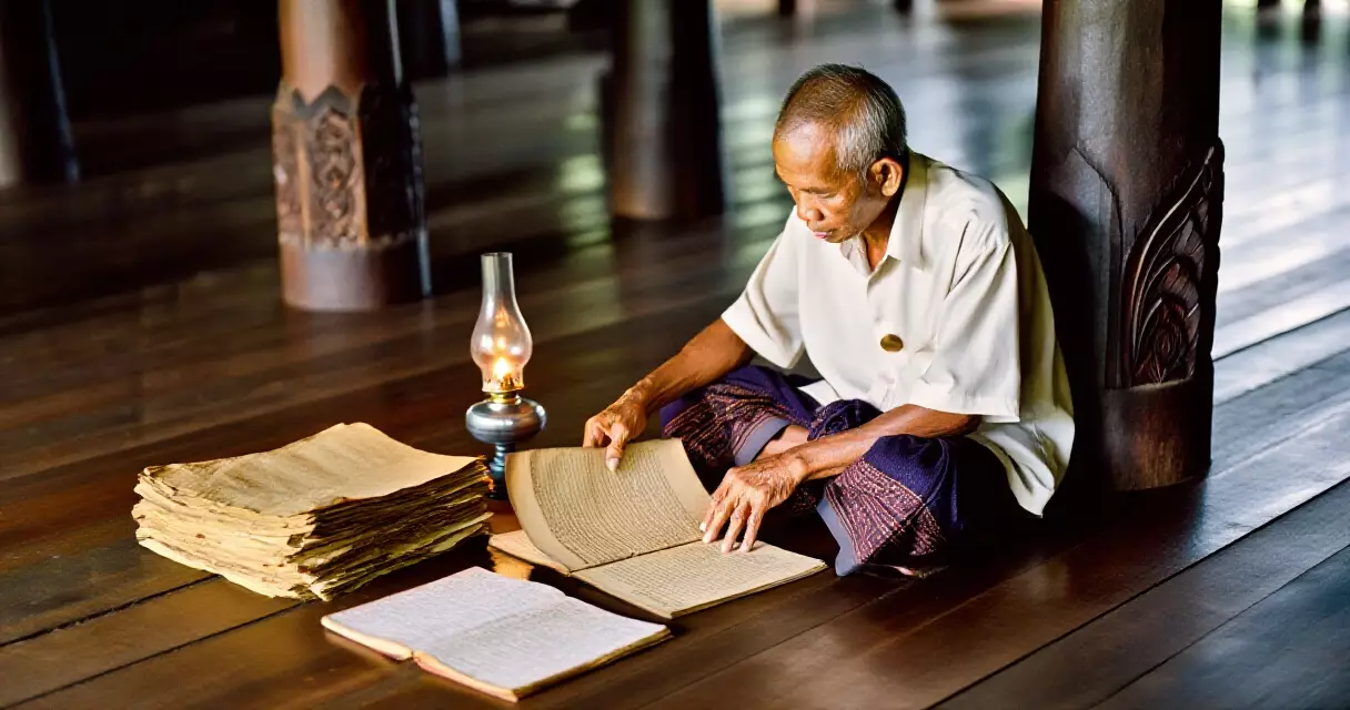 မန္တလေး ရိုးရာတိုက်အဆောက်ရှိ မြန်မာဘာသာ ပုံတိုကောင်းများဖတ်နေသော သူကြီးအဖိုး