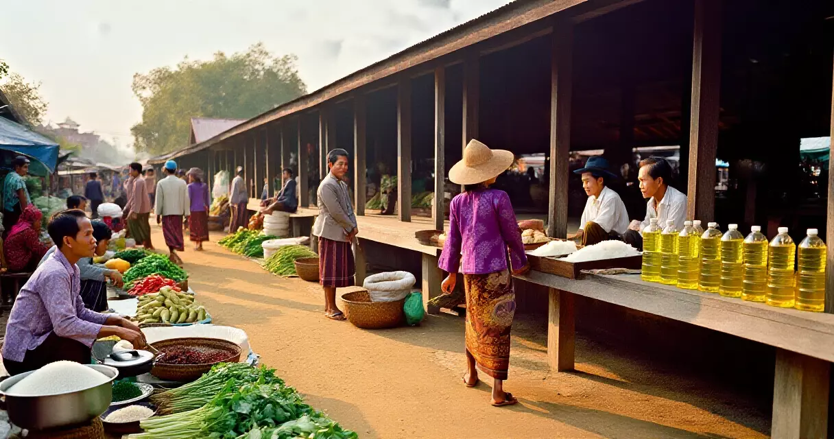 မန္တလေး ဈေးထဲတွင် ဆန်၊ ဟင်းသီးဟင်းရွက်နှင့် ဆီများ ရောင်းချနေသည့် ဈေးသည်များ