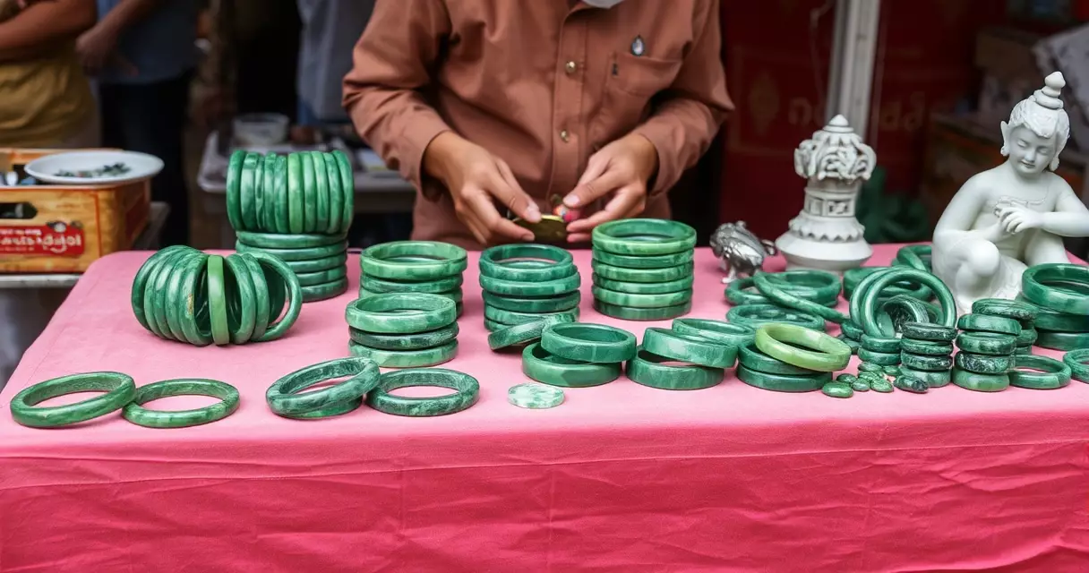 မဟာအောင်မြေ ကျောက်စိမ်းဈေးတွင် ပြသထားသော အစိမ်းရောင် ကျောက်စိမ်း လက်ကောက်များ