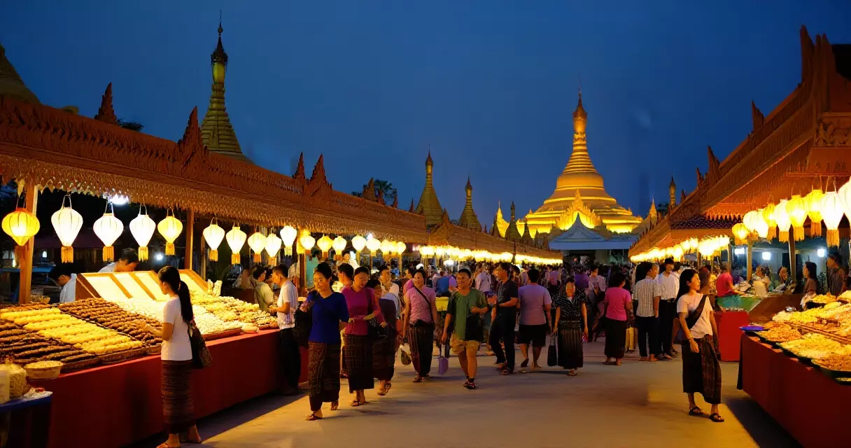 ည ပွဲတော် ဈေးတန်းတွင် မီးအလှများနှင့် ဧည့်သည်များ စည်ကားနေပုံ