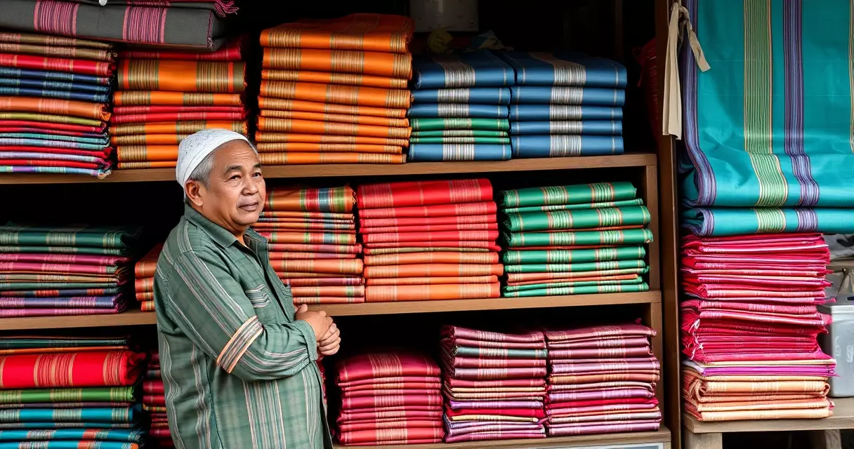 မန္တလေး ဈေးတွင် ရောင်စုံ ပိုးထည် လုံချည်များ စီတင်ရောင်းချနေပုံ