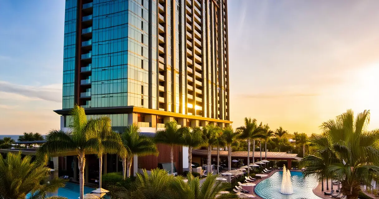 Las Vegas ဟိုတယ်ကြီးတစ်ခု၏ ညနေနေဝင်ချိန် ရှုခင်း