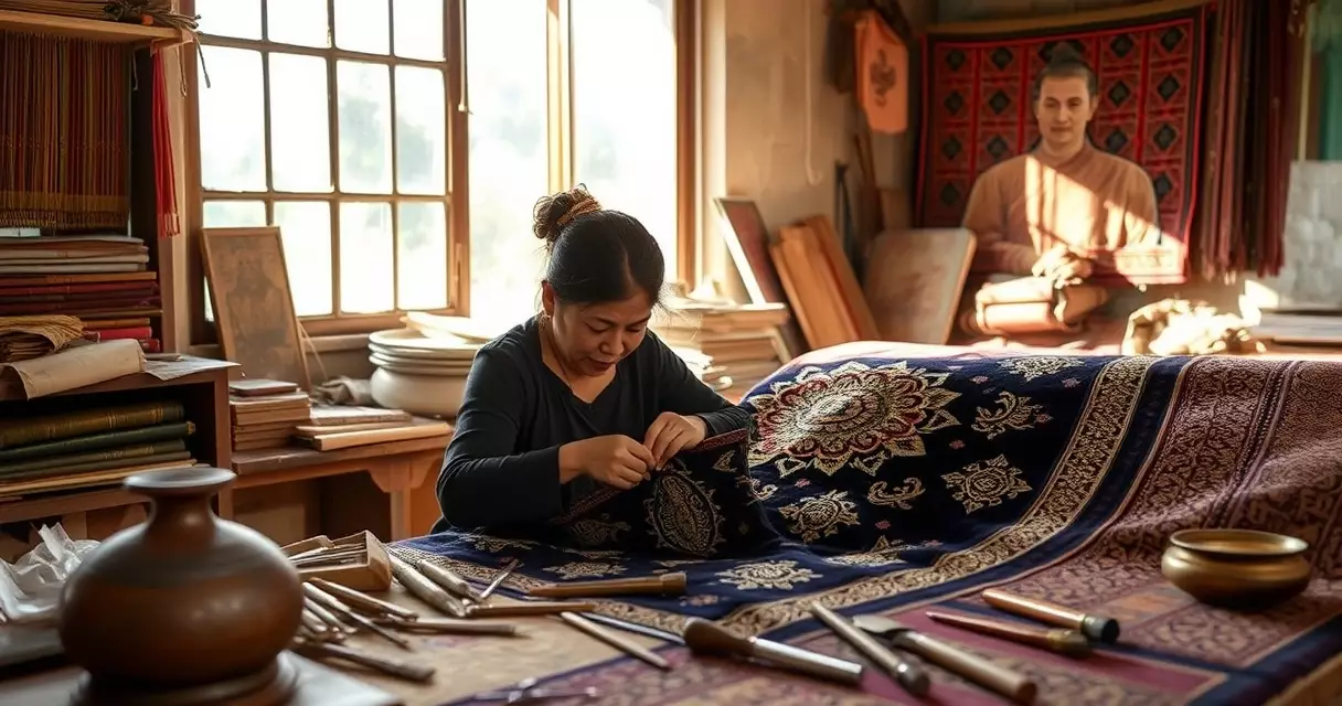 မန္တလေး အလုပ်ရုံတွင် ကာလာဂါ ထည်ပန်းချီ လက်ဖြင့် ထိုးဖော်နေသော အနုပညာရှင်