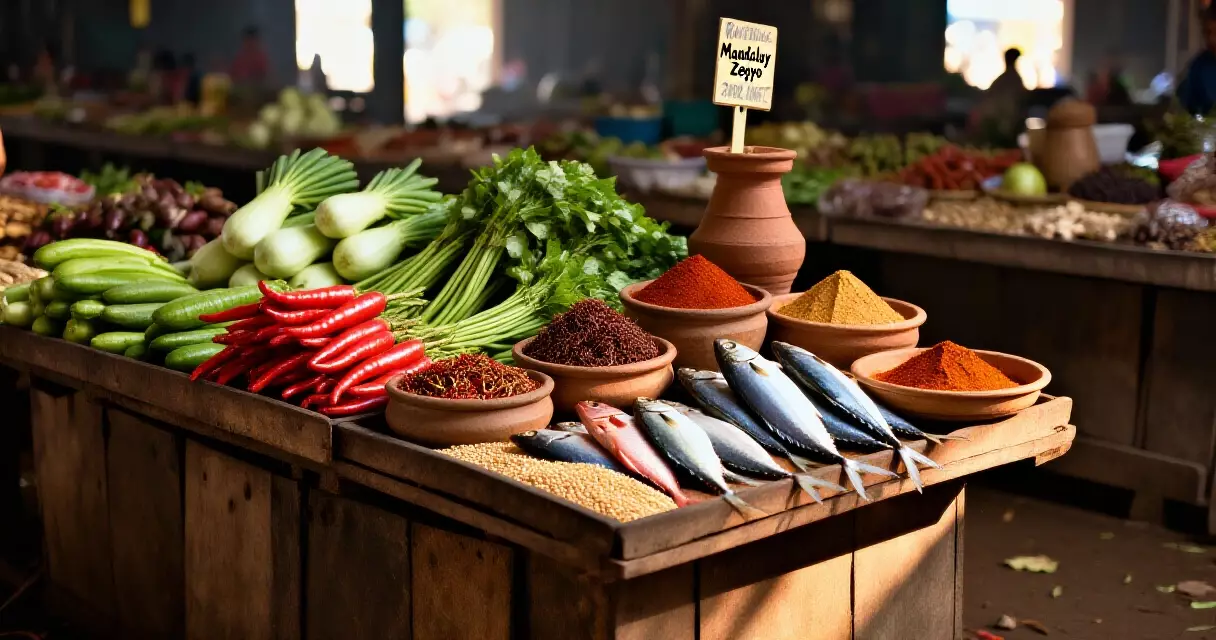 မန္တလေး ဇေတချောင်ဈေးတွင် ဟင်းသီးဟင်းရွက်နှင့် ငါးများ ရောင်းချနေသောမြင်ကွင်း