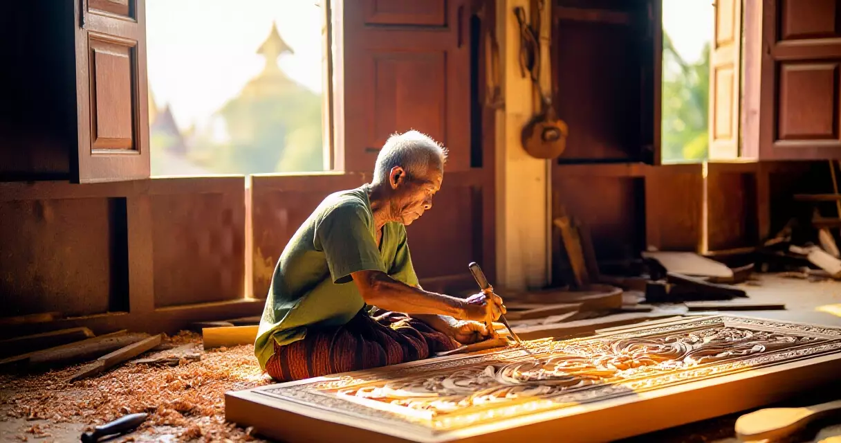 မန္တလေး ရိုးရာသစ်သားထွင်း လက်မှုပညာရှင် အလုပ်ရုံတွင်း လုပ်ဆောင်နေသည့်ပုံ