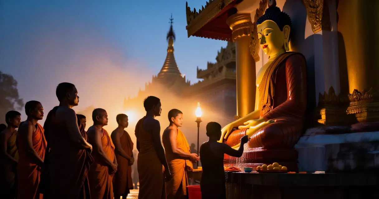 နံနက်စောစော မဟာမုနိ မျက်နှာသစ်ပွဲကို ကြည့်ရှုနေသော ဘုရားဖူးများ
