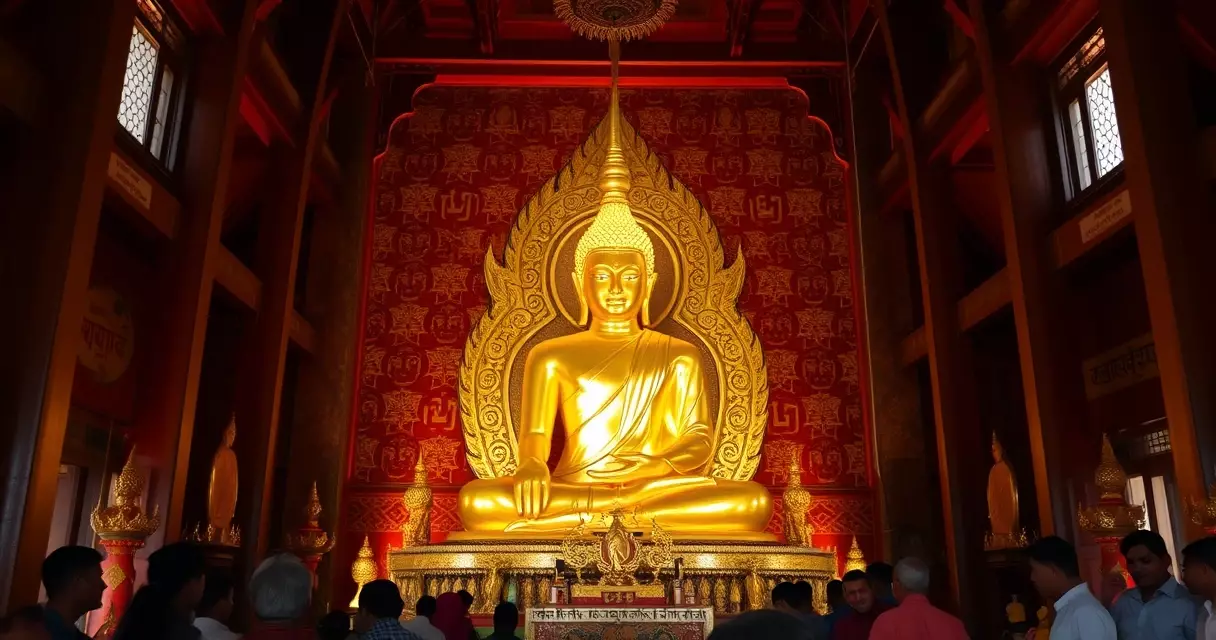 ရွှေချဖြင့် ဖုံးအုပ်ထားသော မဟာမုနိ ဘုရားကြီးကို ဘုရားကျောင်းအတွင်း ရိုက်ကူးထားသည်