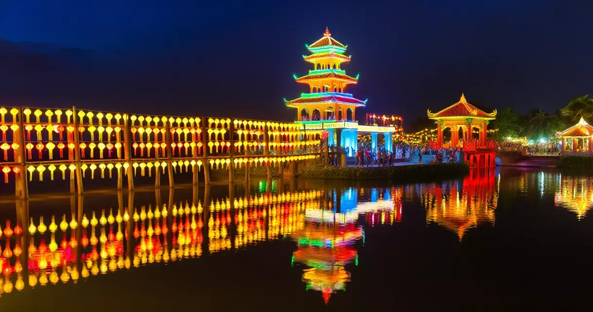 မီးထွန်းပွဲညတွင် ရောင်စုံမီးများဖြင့် လင်းထိန်နေသော စေတီနှင့် ဦးပိန်တံတား