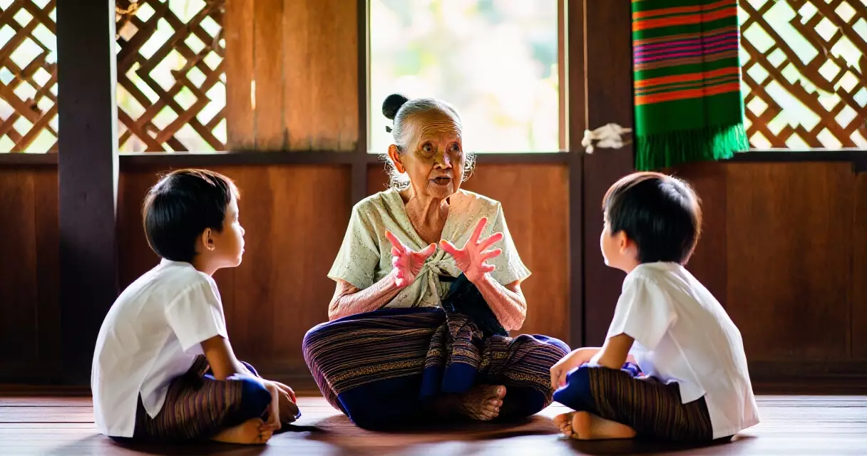 မန္တလေးဒေသတွင် အဖိုးအဖွားများမှ လူငယ်တို့ကို ရိုးရာပုံပြင်ပြောပြနေသောမြင်ကွင်း