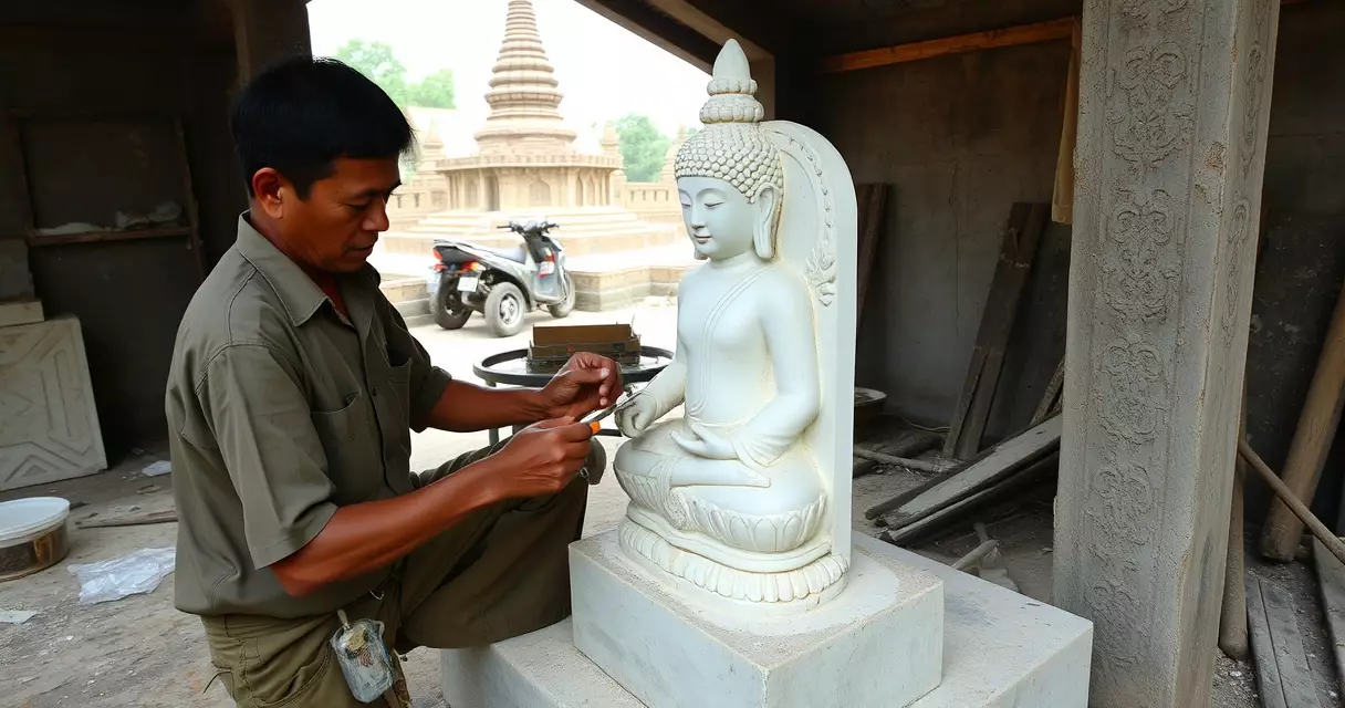 မန္တလေး ကျောက်စစ်တန်းရှိ စကျင်ကျောက်ဖြူ ဗုဒ္ဓရုပ်ပွား ဆစ်ထုနေသော လက်မှုဆရာ