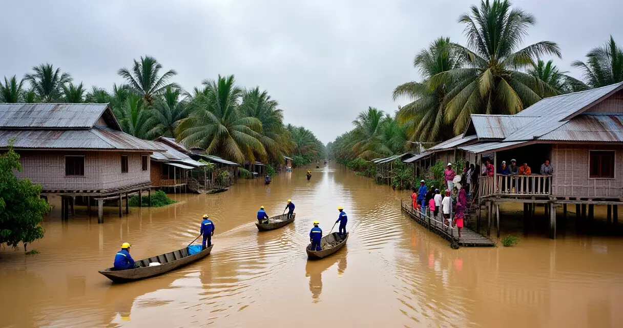 မြန်မာနိုင်ငံ ရေကြီးနေသော ကျေးရွာတွင် ကူညီကယ်ဆယ်ရေး လှေများ ဆောင်ရွက်နေသည်
