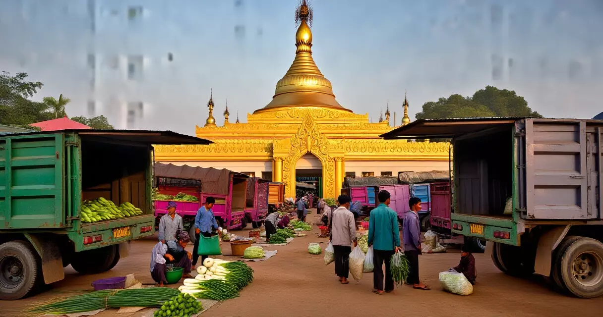 မန္တလေး ပွဲရုံတွင် ဟင်းသီးဟင်းရွက် ကုန်တင်ကားများ ဝင်ရောက်နေသည့် မြင်ကွင်း