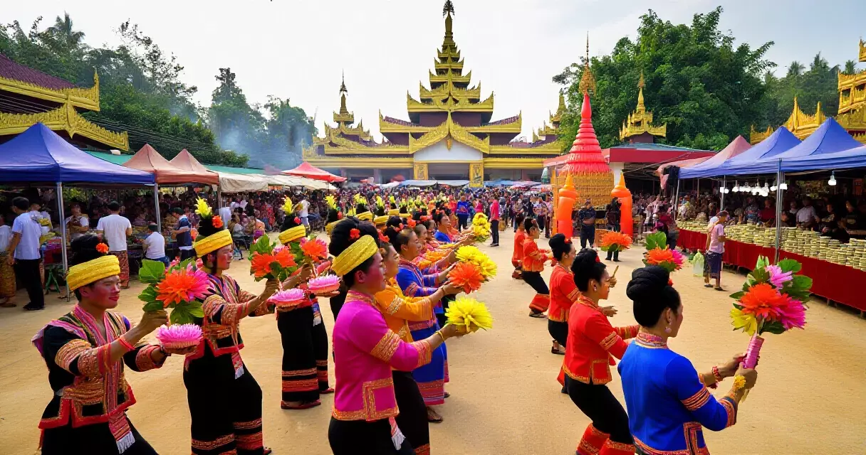 တောင်ပြုန်း နတ်ပွဲတော်တွင် ရောင်စုံ ပူဇော်ပစ္စည်းများနှင့် နတ်ကအဖွဲ့ စည်ကားနေပုံ