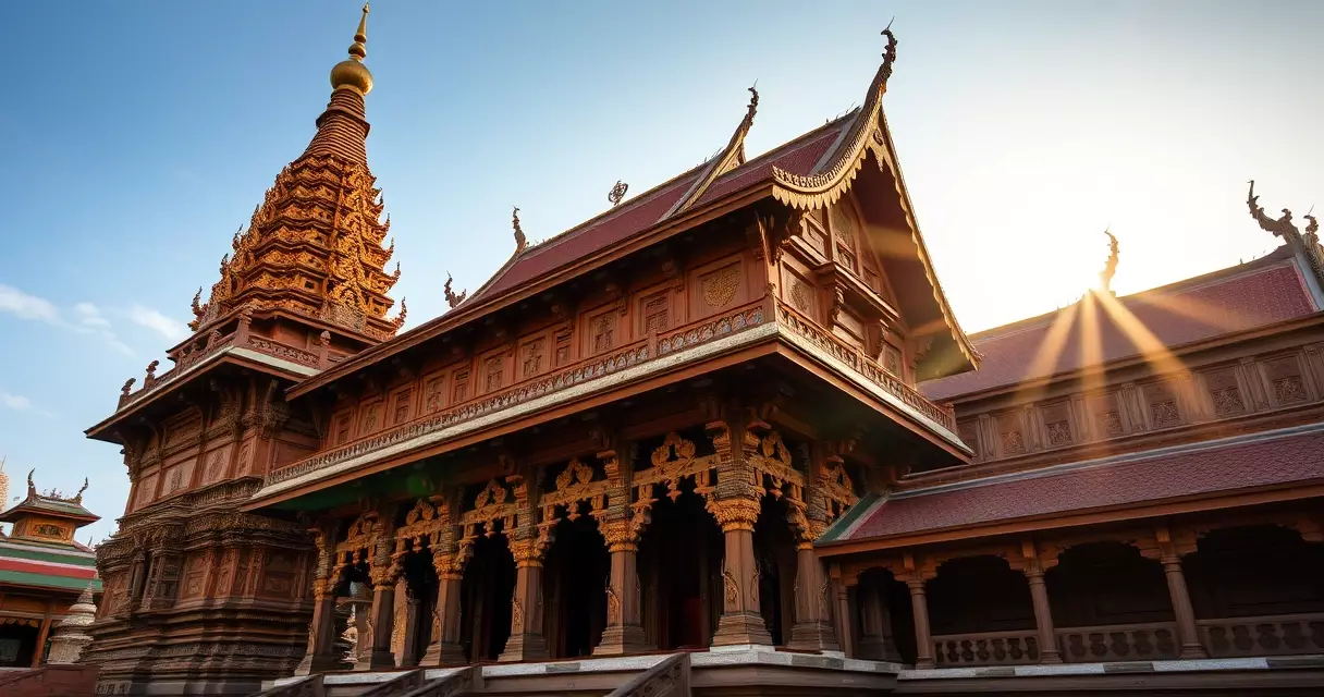 ကျွန်းသား ထွင်းထုလက်ရာ ပြည့်နှက်နေသော ရွှေနန်းတော်ကျောင်းကို ညနေခင်း နေရောင်အောက်တွင် ရိုက်ကူးထားသည်