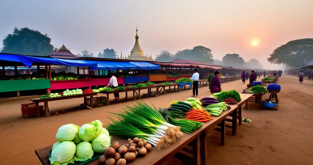 မန္တလေး နံနက်ဈေးတွင် ဒေသထွက် ဟင်းသီးဟင်းရွက်များ ရောင်းချနေသော မြင်ကွင်း