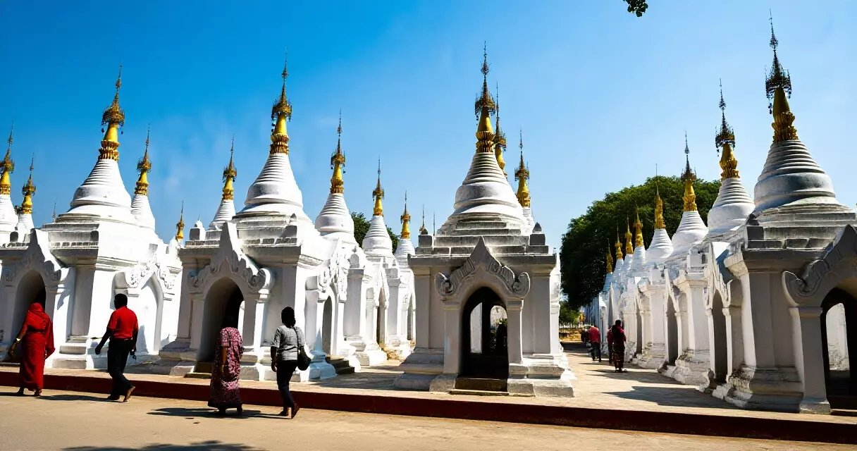 ကုသိုလ်တော်ဘုရား ကျောက်စာတိုက်များ တန်းစီတည်ရှိပုံကို ဧည့်သည်များ လည်ပတ်နေစဉ်
