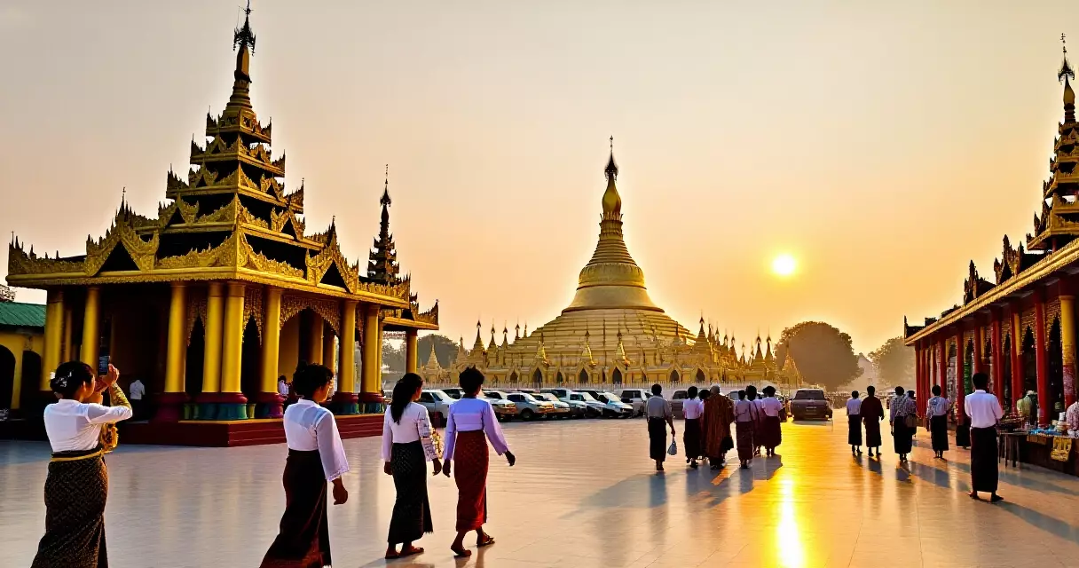 နံနက်ခင်း ဘုရားပွဲသို့ ဦးတည် လျှောက်လှမ်းနေသော ရိုးရာဝတ်စုံဖြင့် ဘုရားဖူးများ