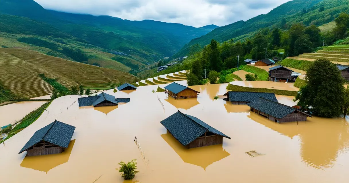 မောကောမြို့နယ်တွင် ရေကြီးရေလျှံမှုကြောင့် ရွာများ ရေဖုံးနေသည့် မြင်ကွင်း