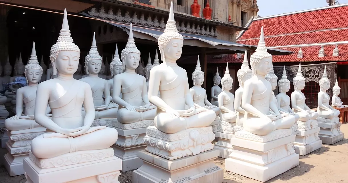 မန္တလေး ကျောက်ထု အလုပ်ရုံ ရှေ့တွင် အရွယ်စုံ စကျင်ကျောက် ဗုဒ္ဓရုပ်ပွားများ စီတန်းထားပုံ
