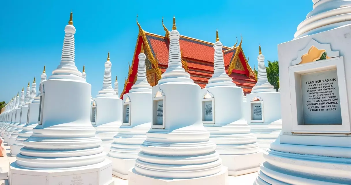 ကုသိုလ်တော်ဘုရားရှိ ကျောက်စာချပ်များ ထားသော အဖြူရောင် စေတီတန်းများ