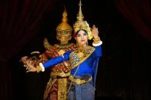 Colorful Apsara dancers performing traditional Khmer dance in Siem Reap, Cambodia.