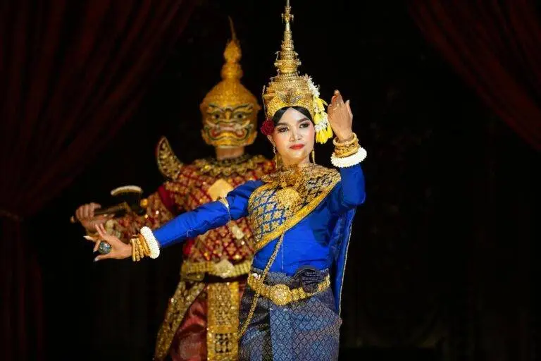 Colorful Apsara dancers performing traditional Khmer dance in Siem Reap, Cambodia.