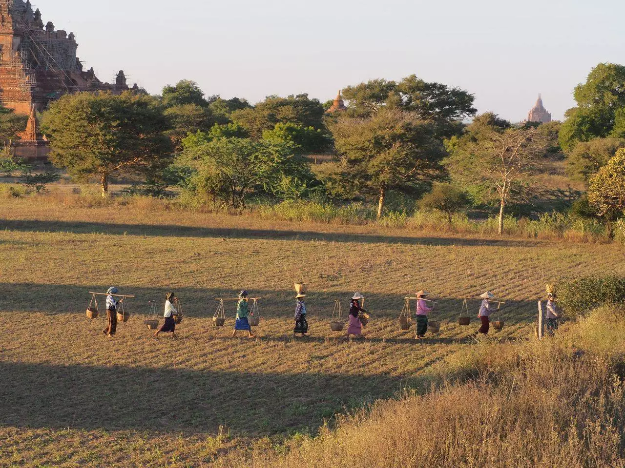 Myanmar women in traditional attire carrying baskets in Bagan representing the cultural heritage of Longyi and Htamein fashion